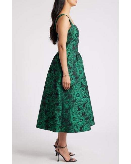 Women's Green Sleeveless Brocade Midi Dress