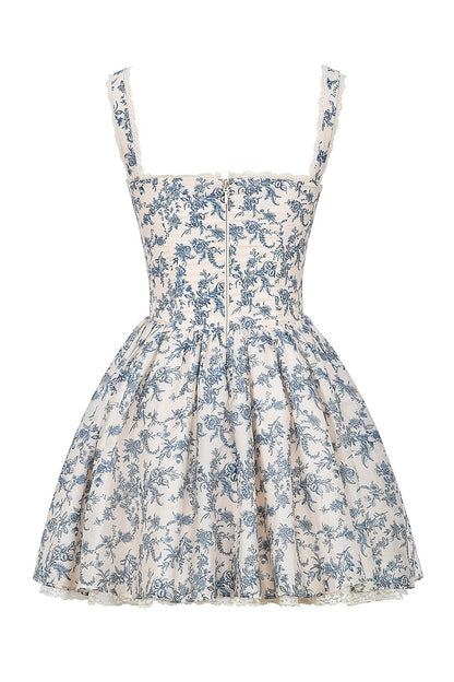 Printed linen and cotton bustier mini dress