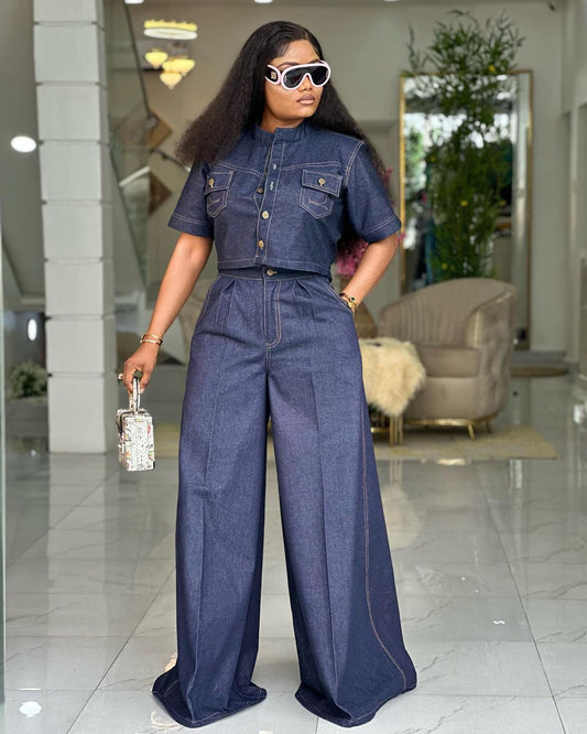 Denim shirt extra long wide leg pants suit