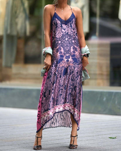 Blue lace printed slip dress