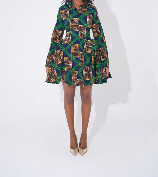 Batik print long sleeve flared skirt