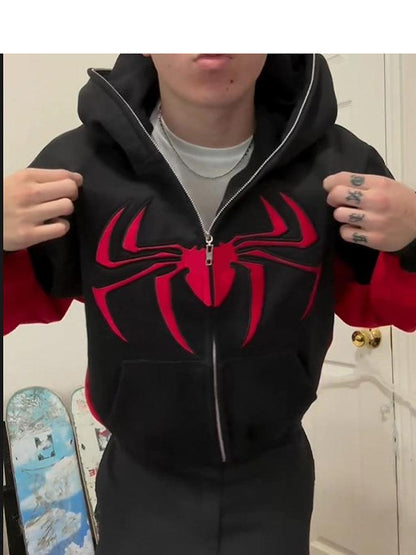 Spider print color block hooded long sleeve pullover sweatshirt