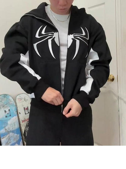 Spider print color block hooded long sleeve pullover sweatshirt