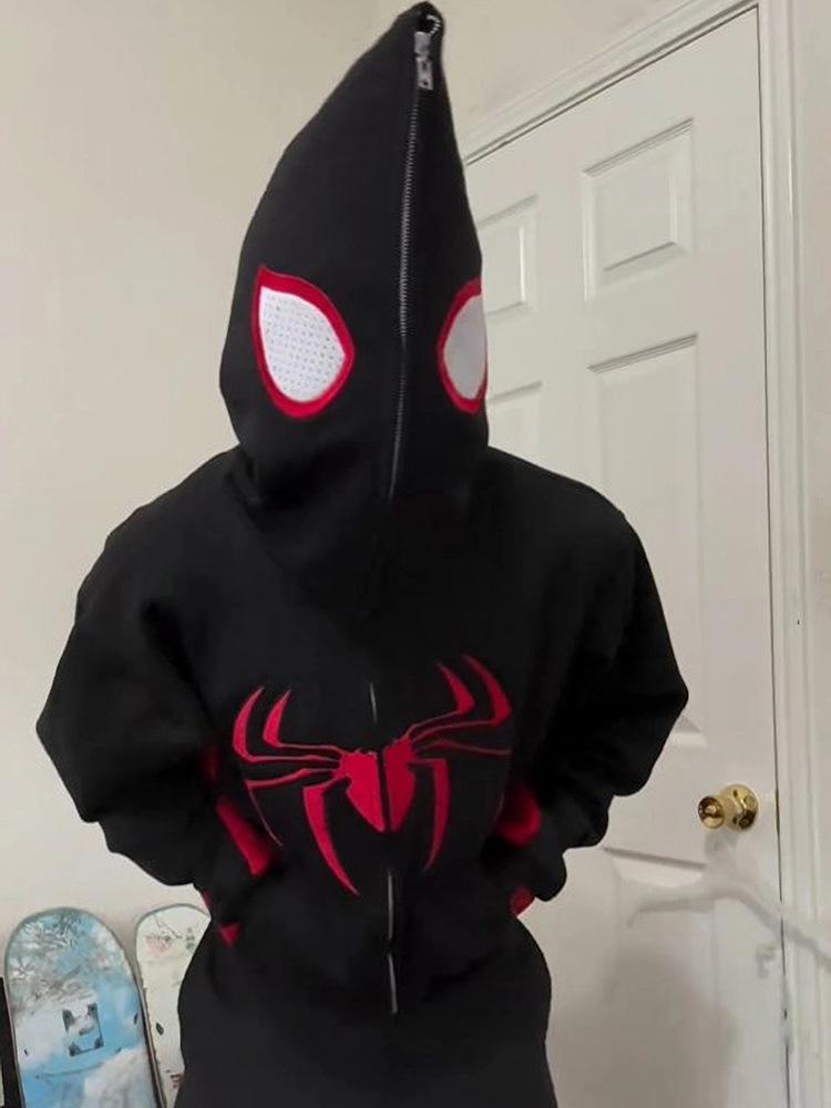 Spider print color block hooded long sleeve pullover sweatshirt