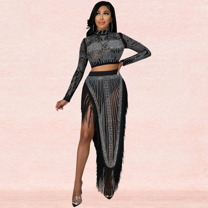 Long sleeve slit two-piece skirt set