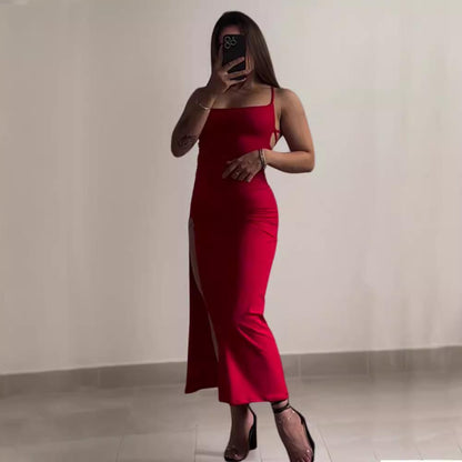 Sleeveless halter strap backless slit long dress