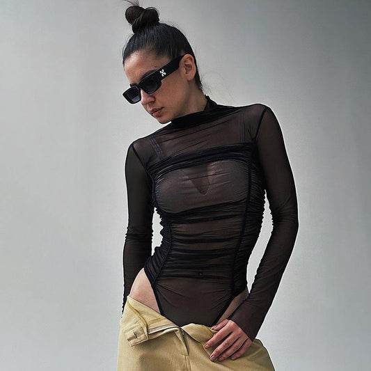 Sheer mesh turtleneck long-sleeve gathered bodysuit