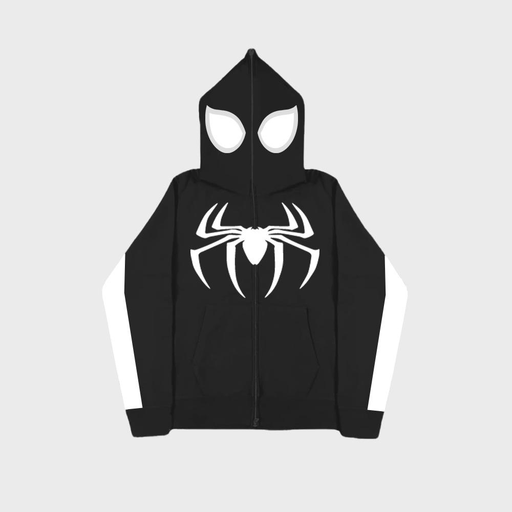 Spider print color block hooded long sleeve pullover sweatshirt