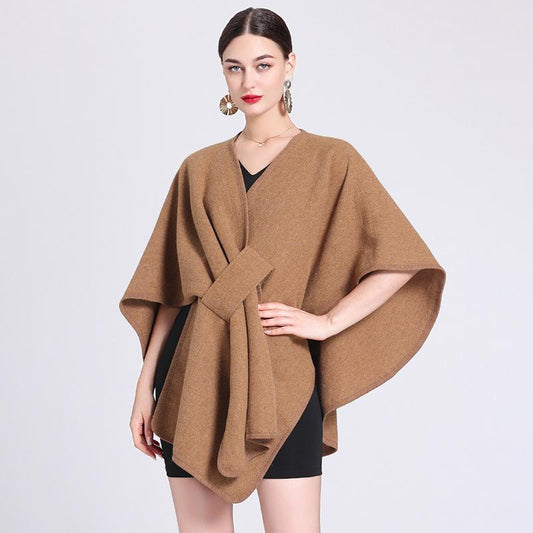 Solid color casual wool blend poncho coat