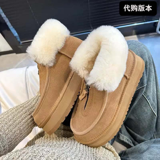 Front-zip shearling one-piece snow boots