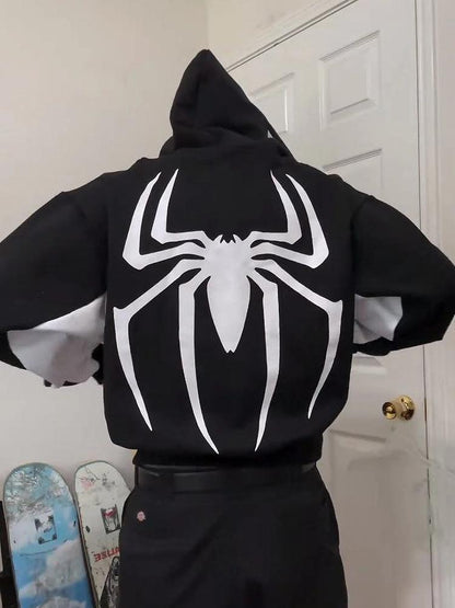 Spider print color block hooded long sleeve pullover sweatshirt