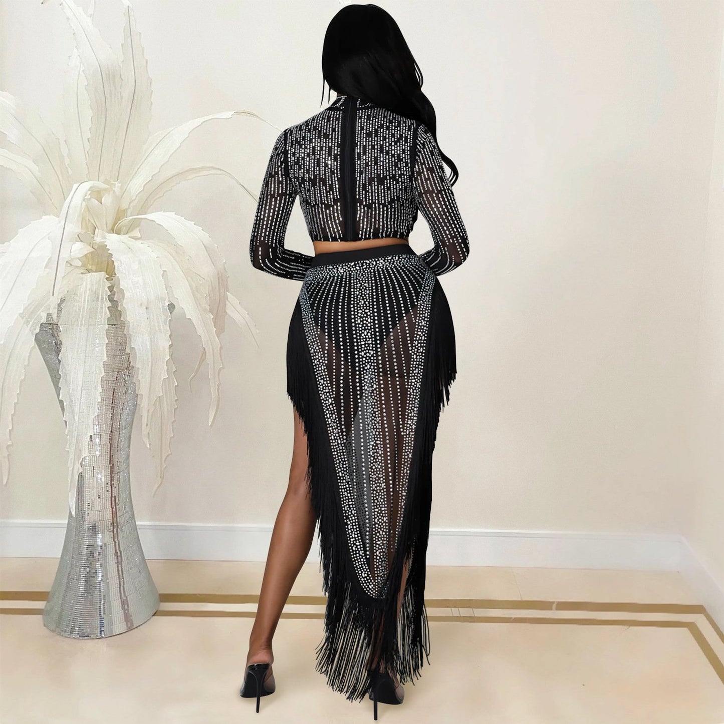 Long sleeve slit two-piece skirt set