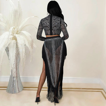 Long sleeve slit two-piece skirt set