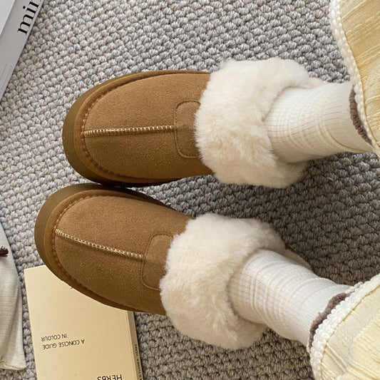 Genuine leather elevated warm fleece slip-on slippers