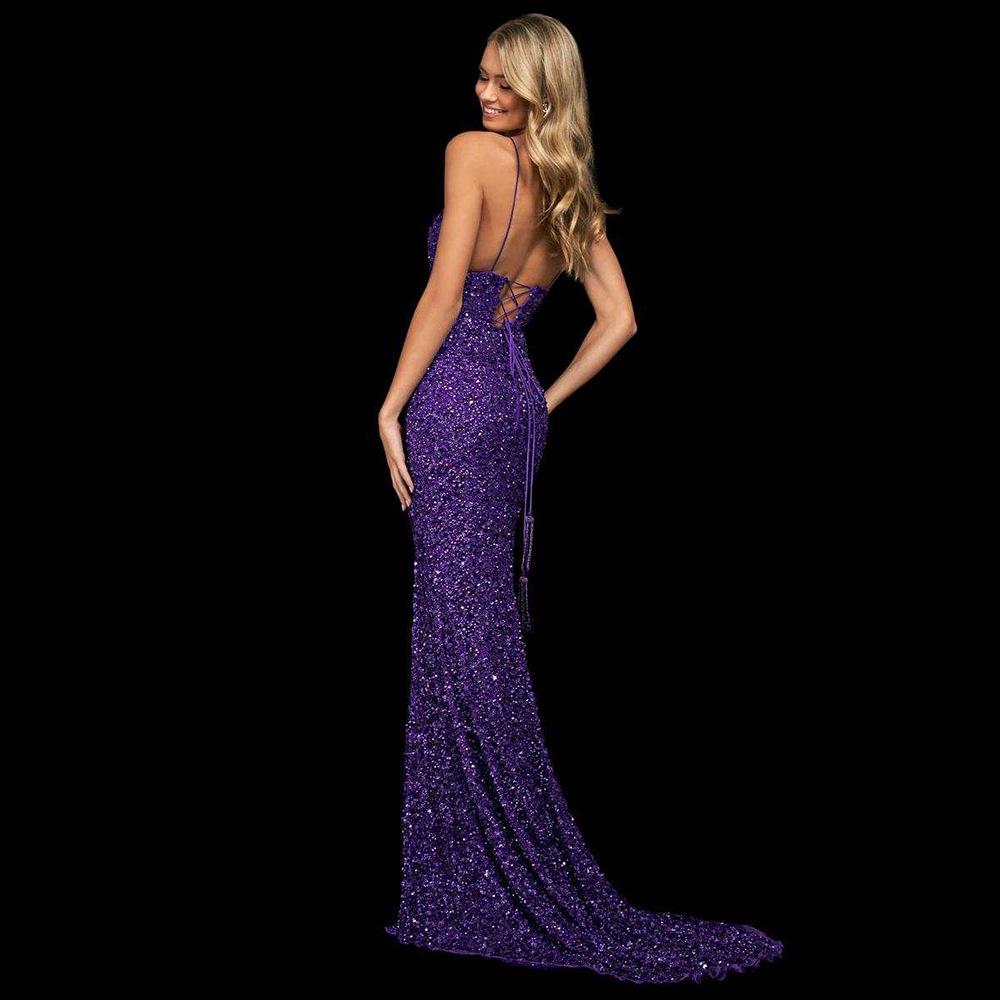 Sequin backless dress slit gown