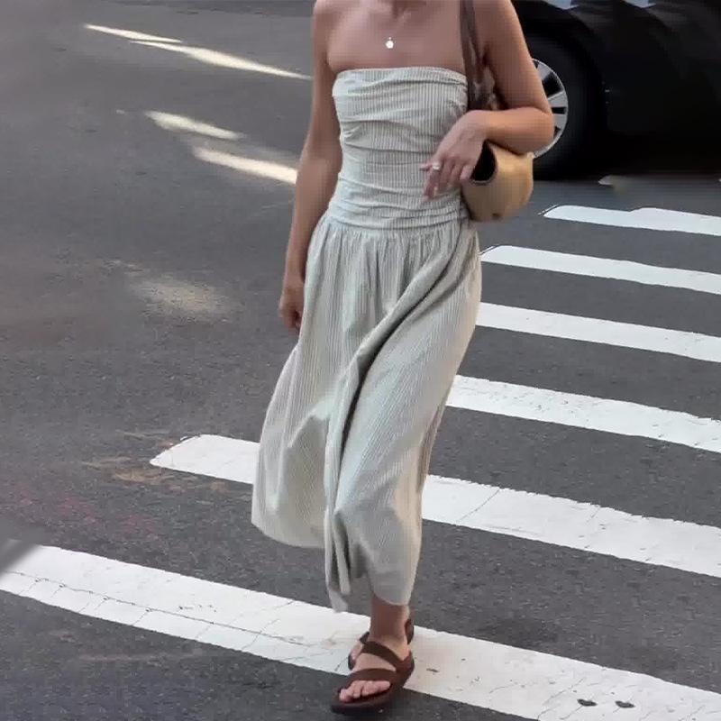 One shoulder strapless striped long skirt