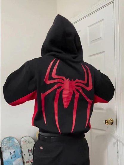 Spider print color block hooded long sleeve pullover sweatshirt