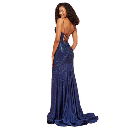 Sequin backless dress slit gown