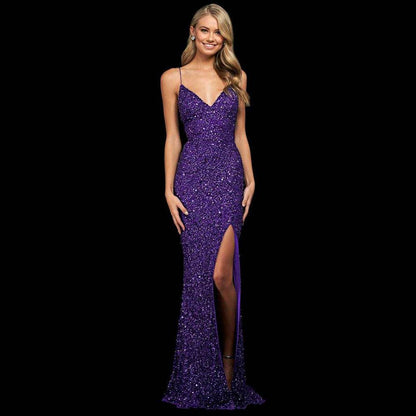 Sequin backless dress slit gown