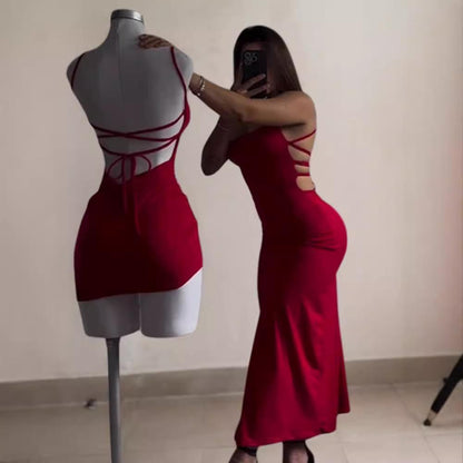 Sleeveless halter strap backless slit long dress