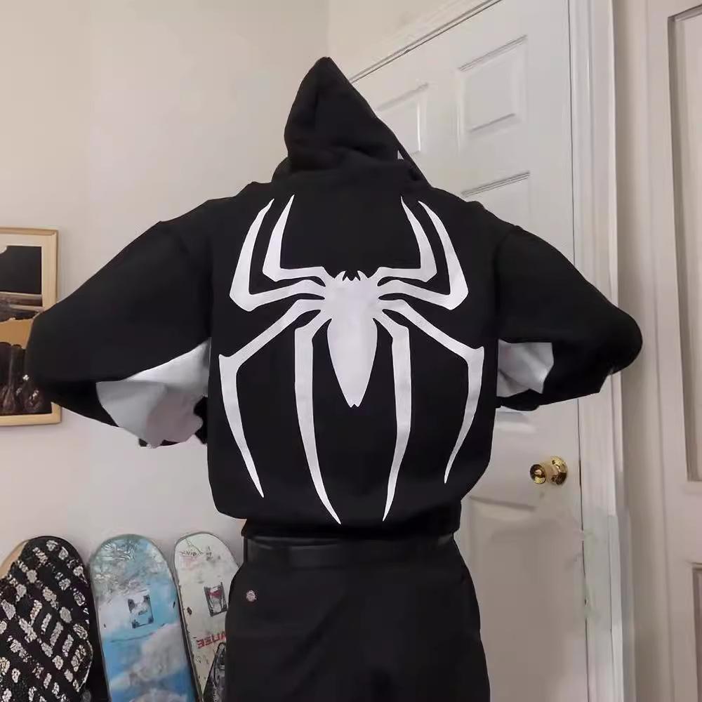 Spider print color block hooded long sleeve pullover sweatshirt