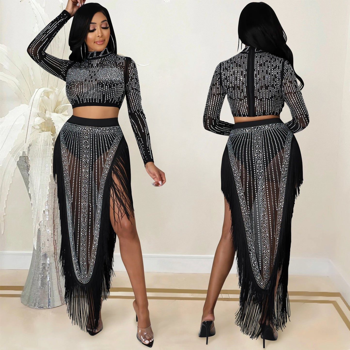 Long sleeve slit two-piece skirt set