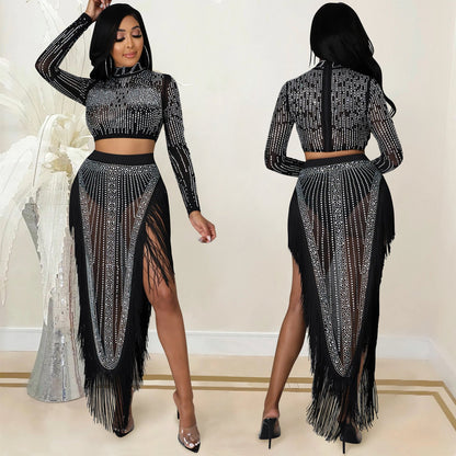 Long sleeve slit two-piece skirt set