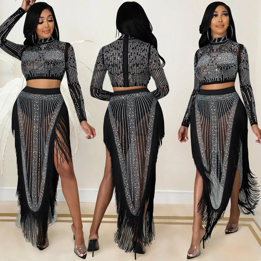 Long sleeve slit two-piece skirt set