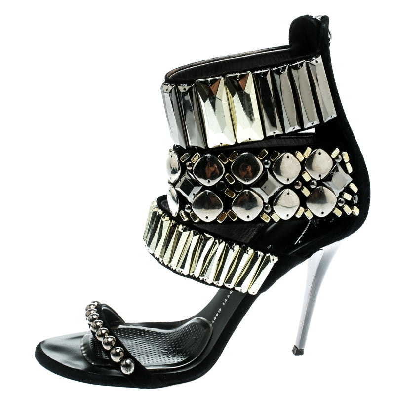Black embellished suede open-toe sandals with ankle straps