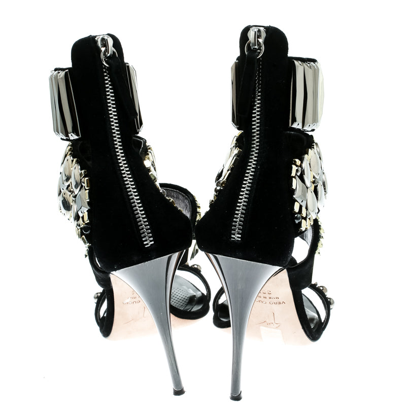 Black embellished suede open-toe sandals with ankle straps