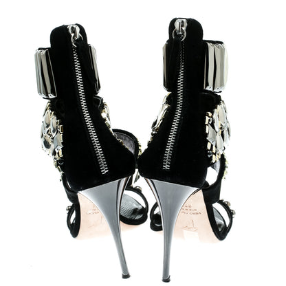 Black embellished suede open-toe sandals with ankle straps