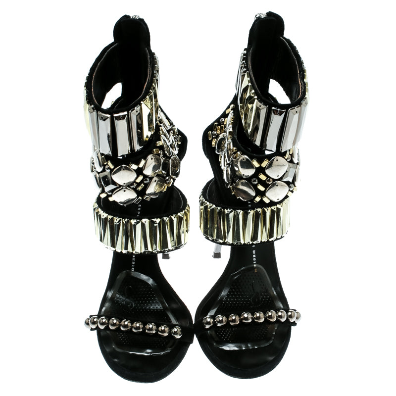 Black embellished suede open-toe sandals with ankle straps