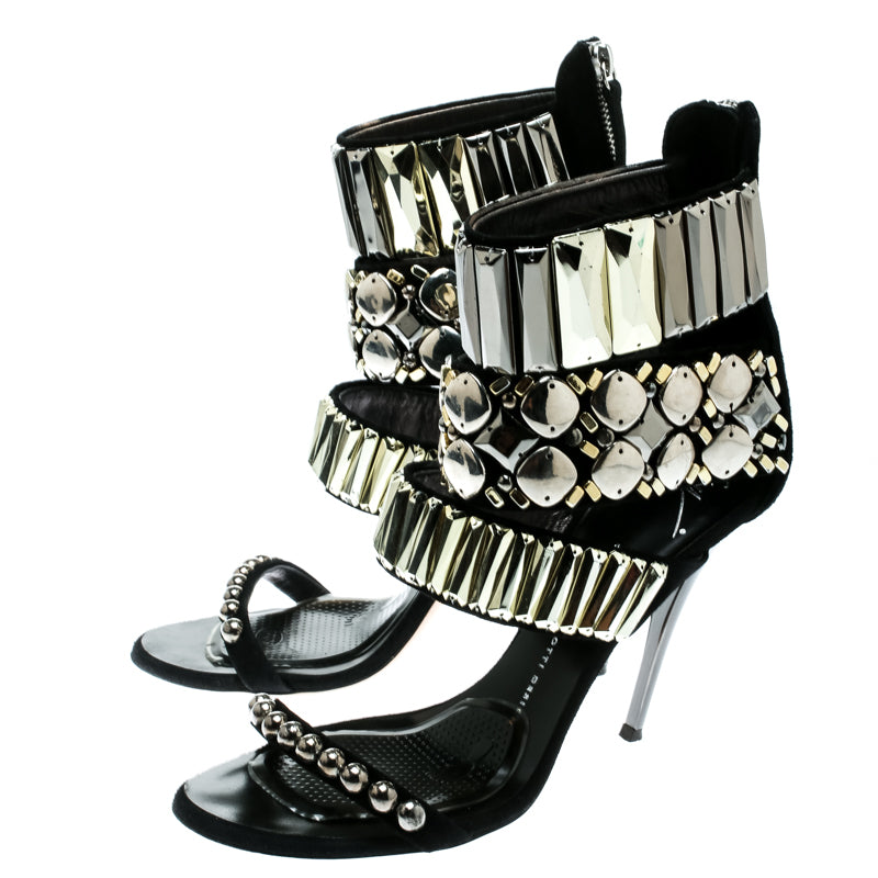 Black embellished suede open-toe sandals with ankle straps