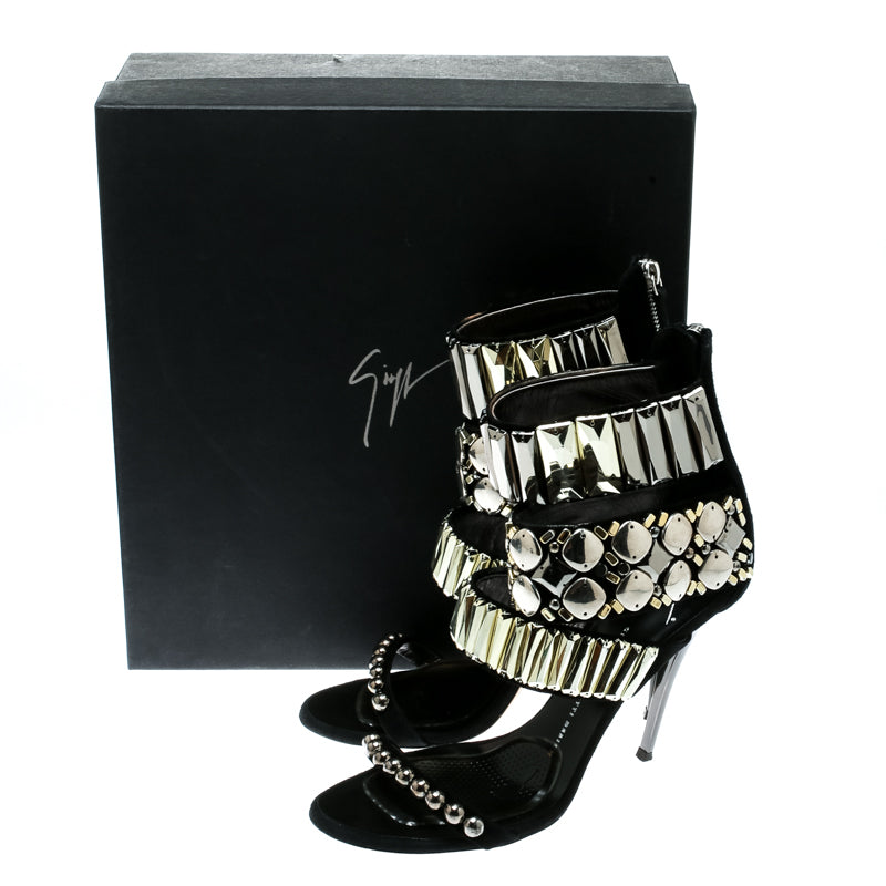 Black embellished suede open-toe sandals with ankle straps