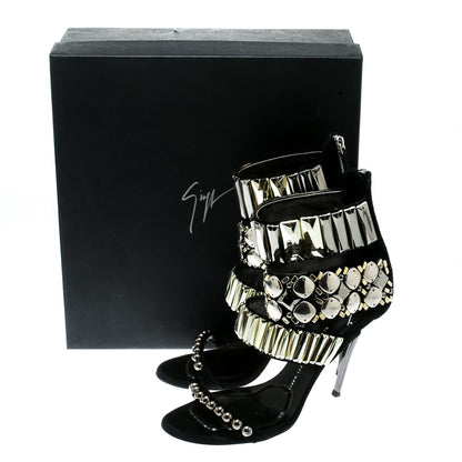 Black embellished suede open-toe sandals with ankle straps