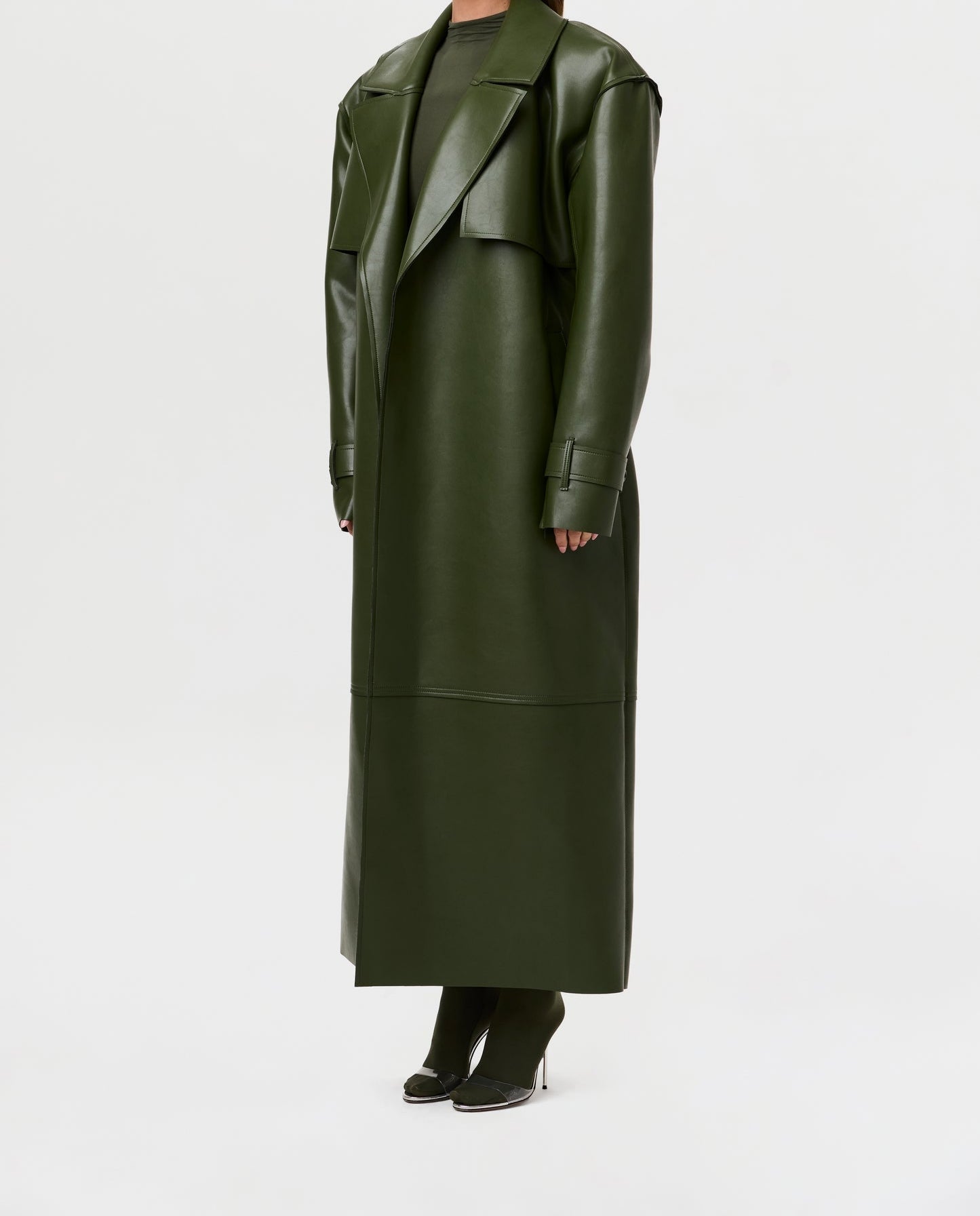 Solid leather long trench coat with padded shoulders