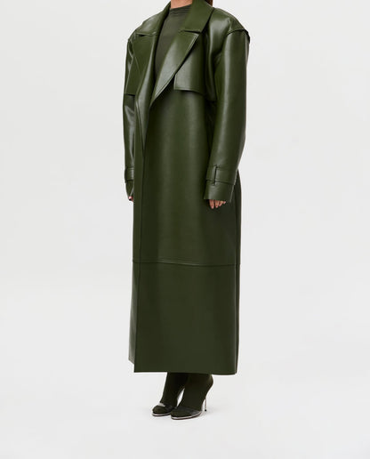 Solid leather long trench coat with padded shoulders