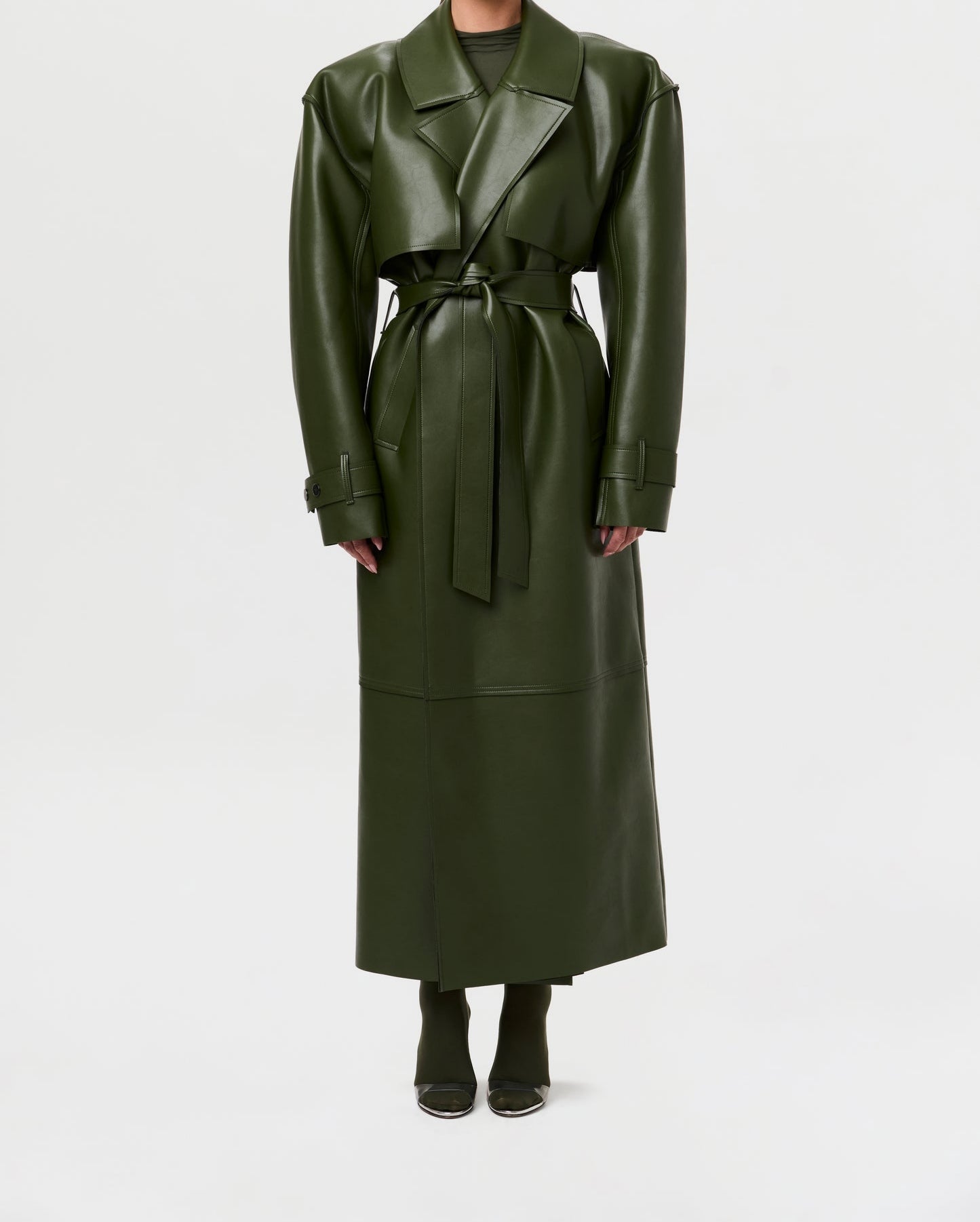 Solid leather long trench coat with padded shoulders