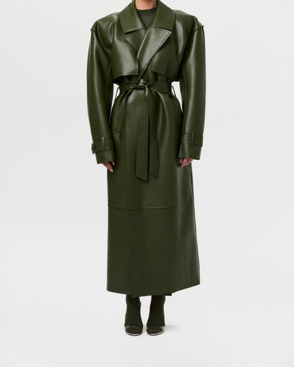 Solid leather long trench coat with padded shoulders