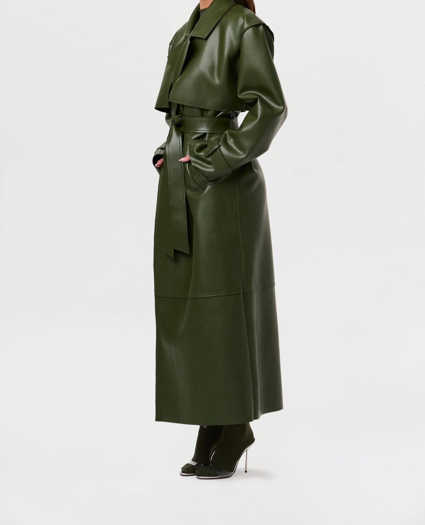 Solid leather long trench coat with padded shoulders