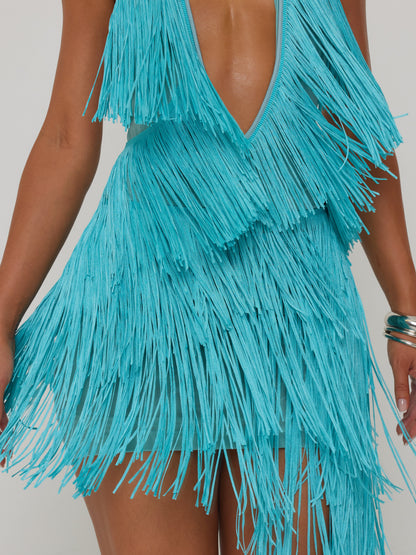 Tiered fringe halter dress