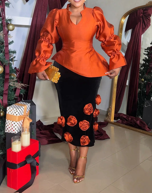 Orange Flower Long-Sleeve Two-Piece Dress
