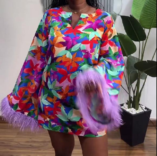 Feather sleeve patchwork short printed dress