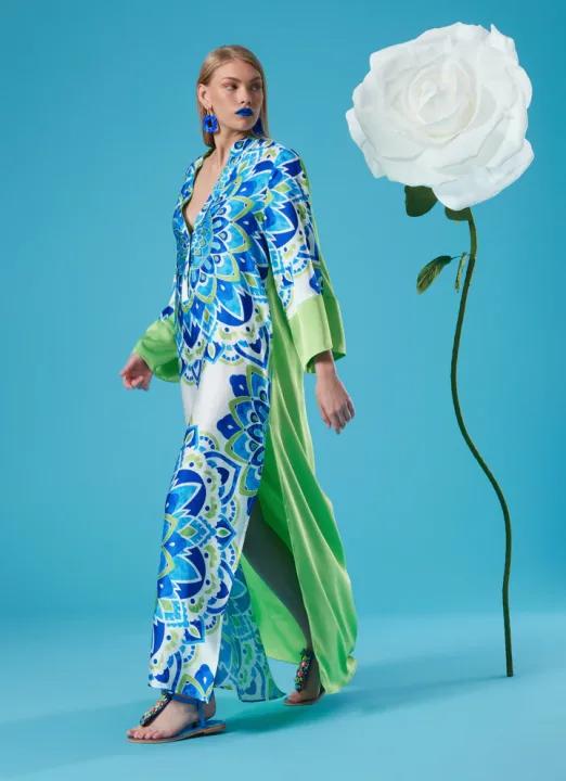 Blue and green patterned robe