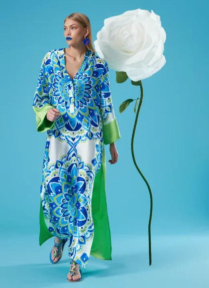 Blue and green patterned robe