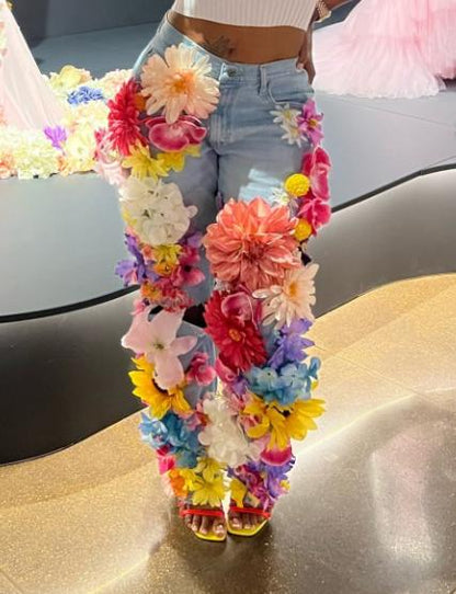 Floral denim trousers