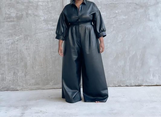 Black Leather Buttoned Pocket Jumpsuit