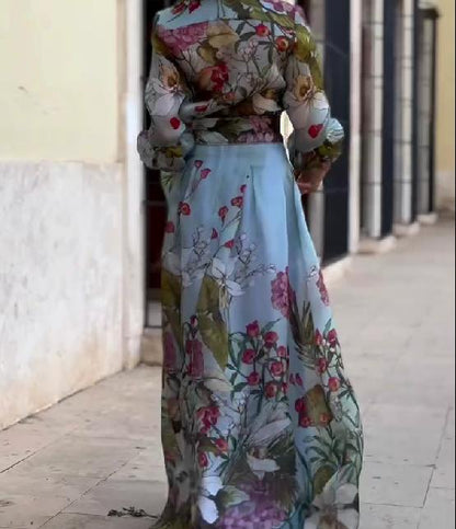 Tulle floral print stretch waistband pocket maxi skirt