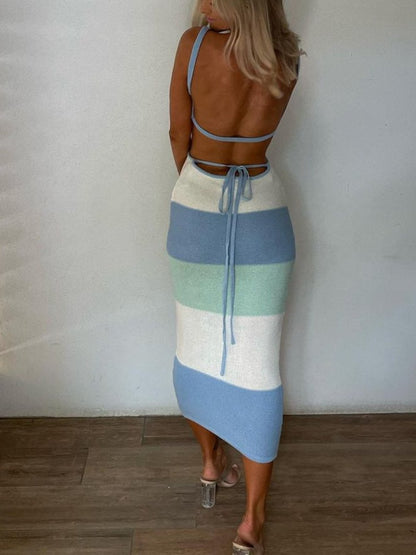 Striped Colorblock Backless Knit Dress