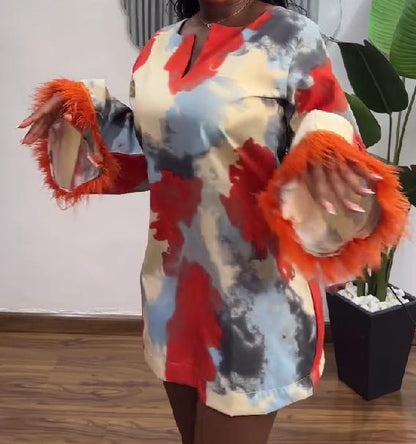 Feather sleeve patchwork short printed dress
